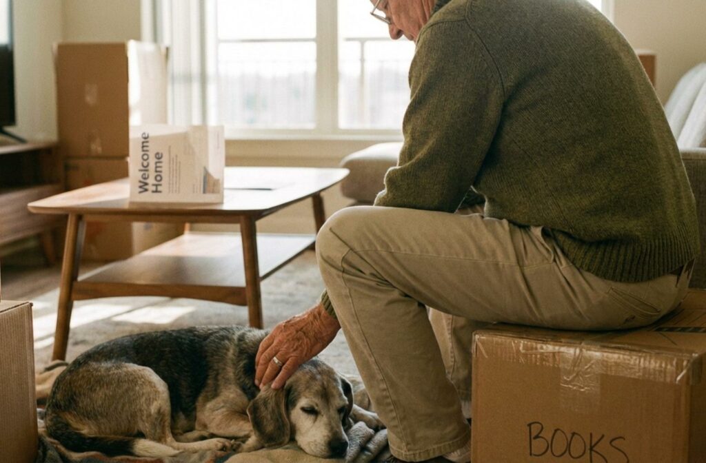 Older adult sitting on a moving box in a sunlit apartment, gently petting a beagle dog while taking a break from unpacking.