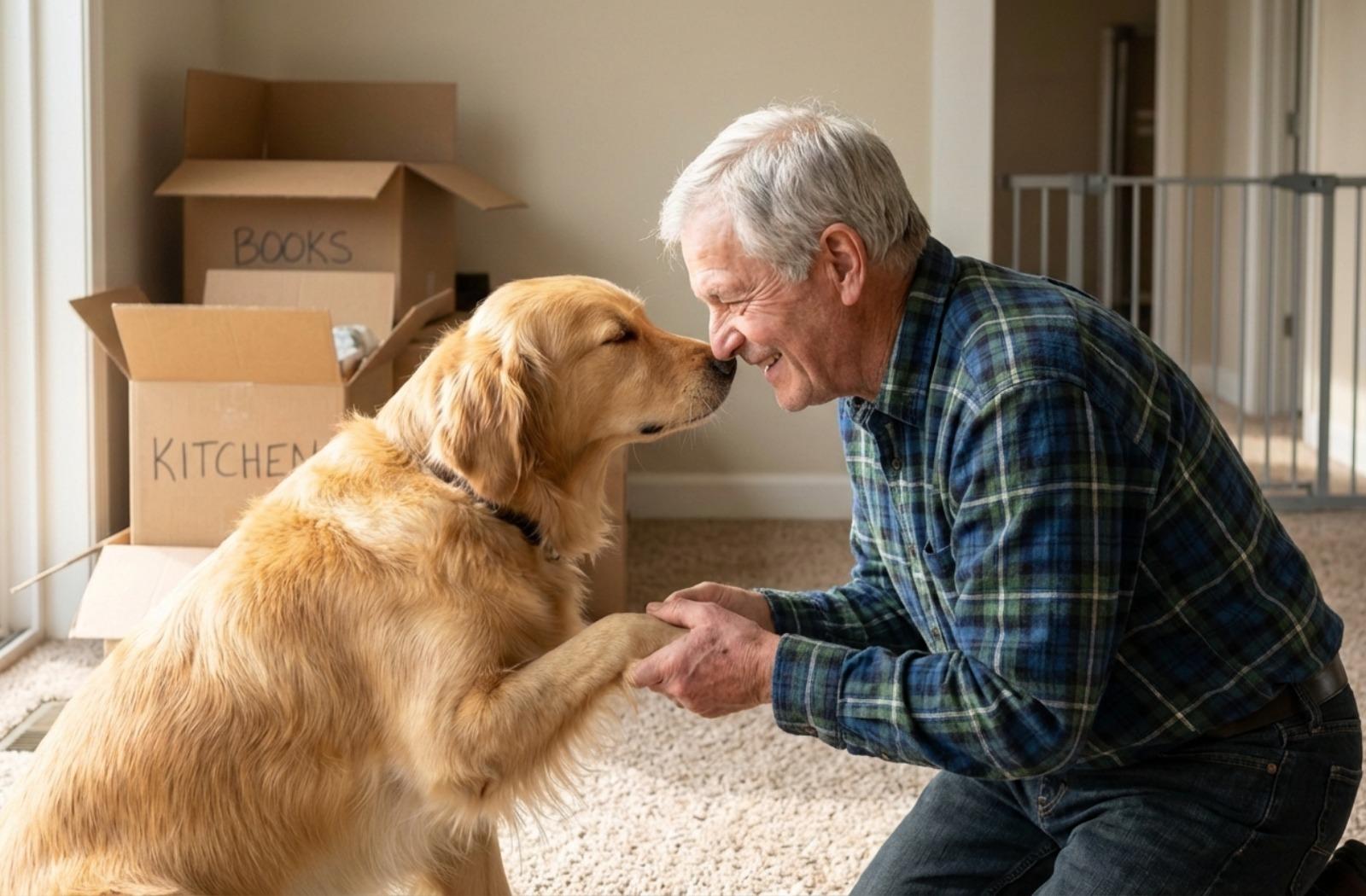 An older adult kneels on a carpeted floor to pet a golden retriever dog, with moving boxes visible in the background of a sunlit apartment.
