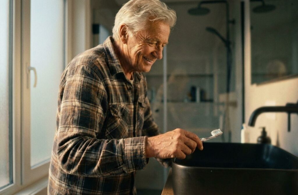 a senior brushes their teeth in the morning