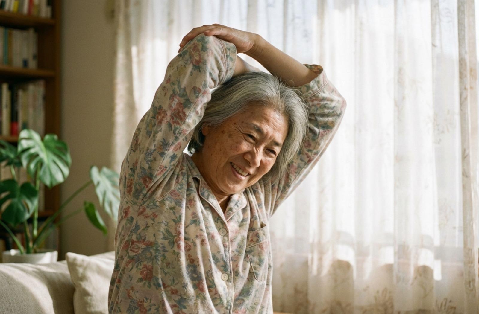 a senior performs a light arm stretch
