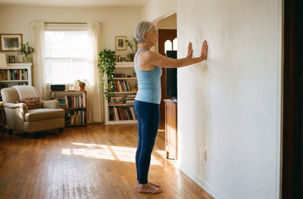 Older adult wearing comfortable clothes stretches their arms and back by pressing against a wall in a sunlit room with wooden floors.
