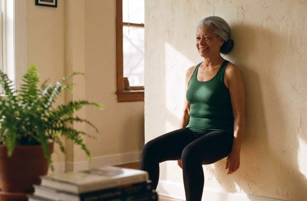An older adult performs a wall sit yoga pose against a textured wall in a sunlit room, demonstrating stability and safe exercise.