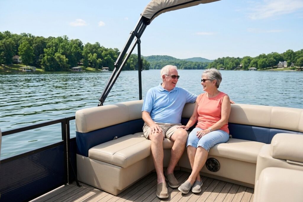 Two older adults wearing sunglasses sit smiling at each other on a pontoon boat bench on a sunny lake.