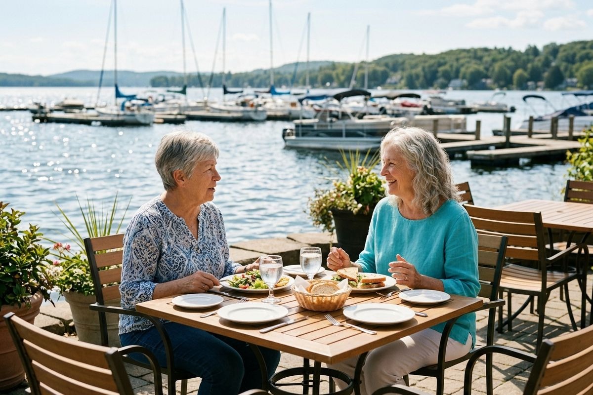 Two smiling older adults eat lunch at an outdoor patio table beside a lake with docked boats.