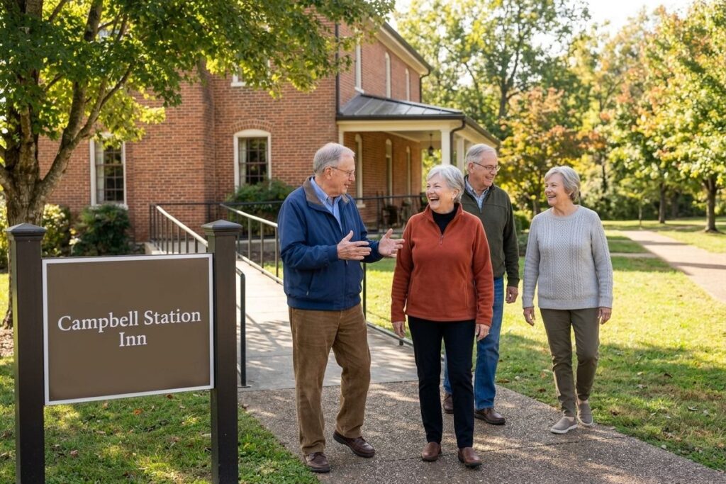 Four older adults smile and talk while walking along a path outside Campbell Station Inn.
