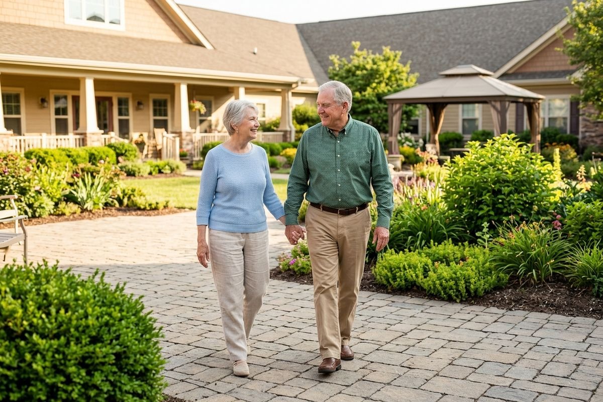 Two older adults smile and walk holding hands along a paved path through a landscaped garden.